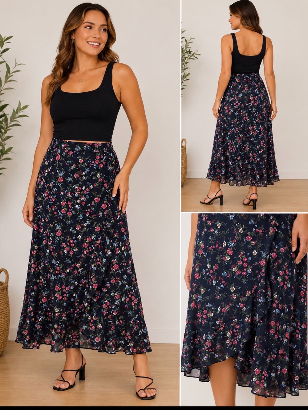 Navy Floral Ruffle Wrap Midi Maxi Skirt Size L